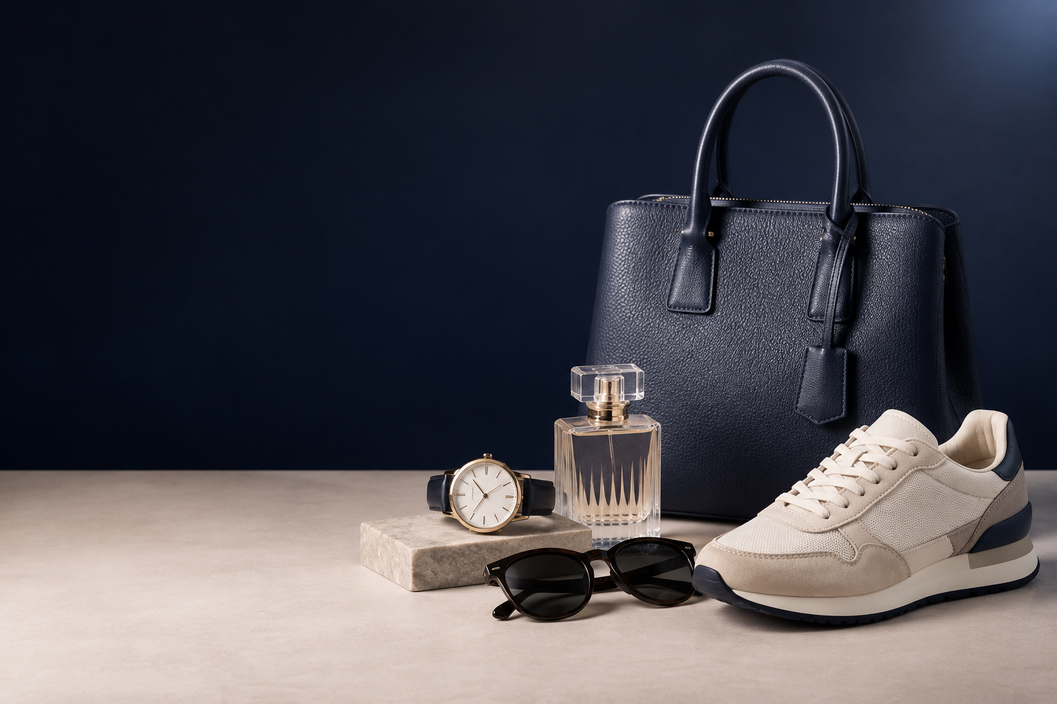 Selección elegante de accesorios, perfume y calzado